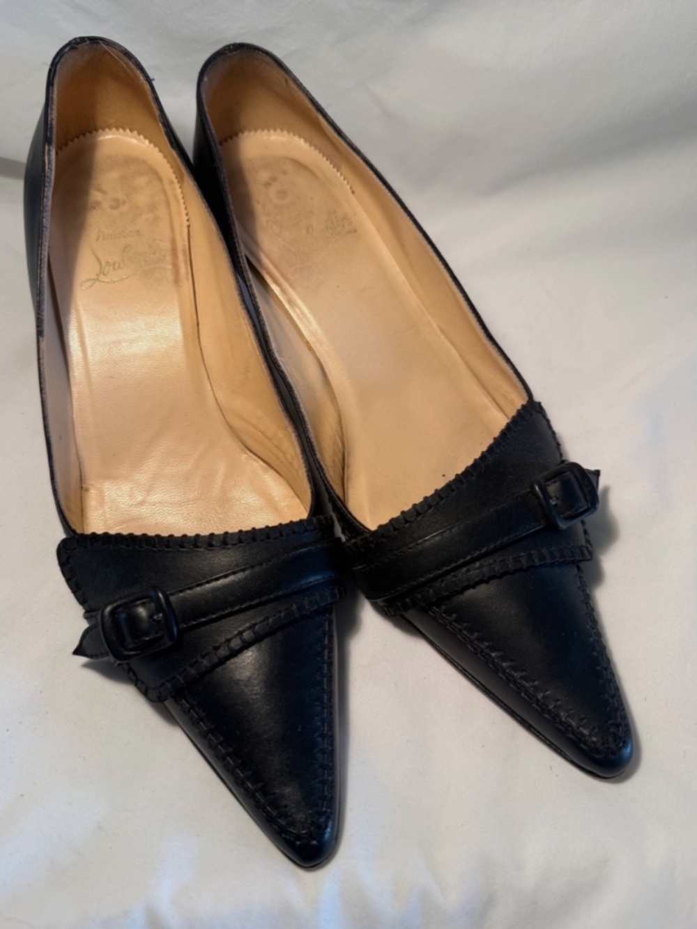 Vintage Christian Louboutin Black Pointed Toe Kitten Heels with Belted Detail - Picture 2 of 9